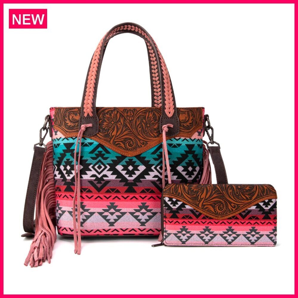 Tooled Western Tote Bag with Wallet Set, Adjustable Strap